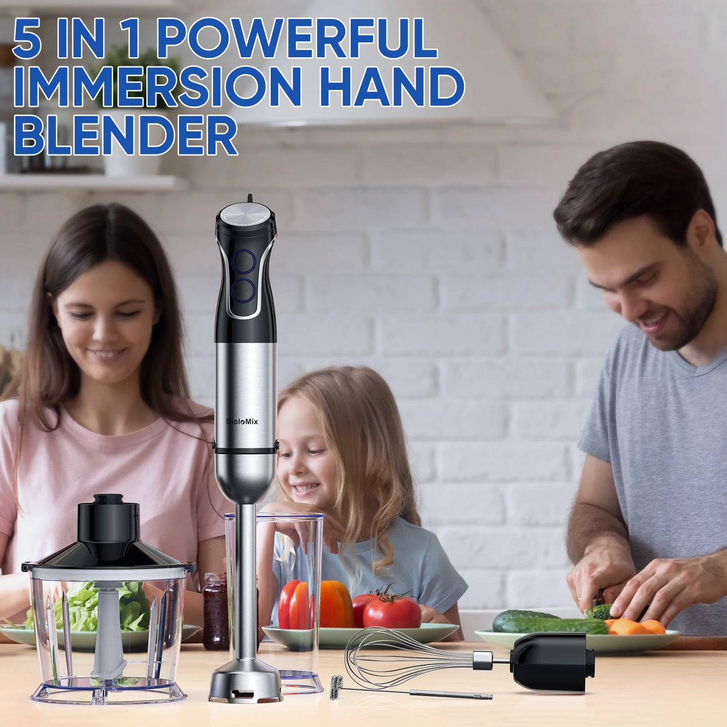 BioloMix 5-in-1 Immersion Blender: Powerful Hand Blender with Chopper, Whisk & Frother