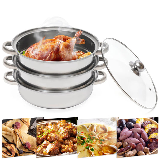 3-Tier Stainless Steel Steamer: 28cm Multi-Purpose Cooker