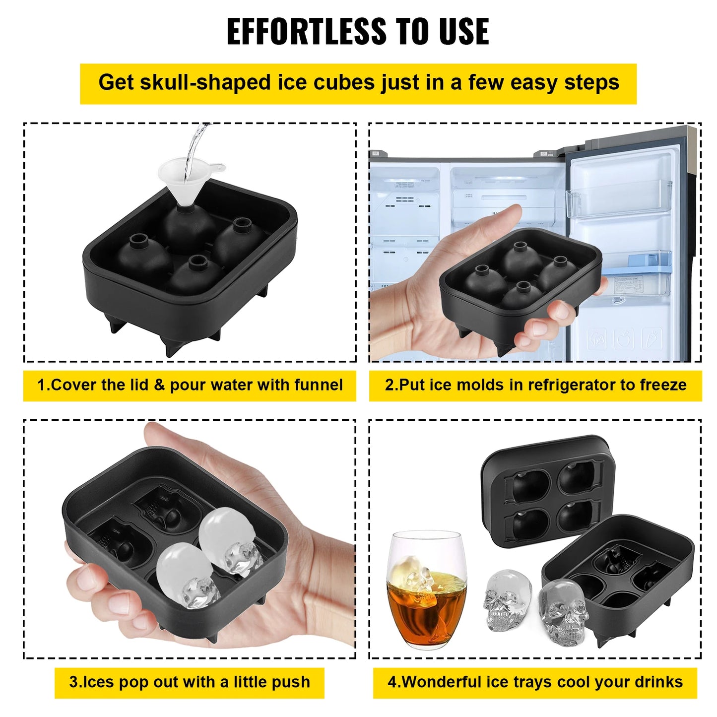 VEVOR Skull Ice Cube Tray – 3D Skull Mold Silicone Ice Ball Maker | 4/6 Grid Food-Grade Tray with Funnel for Whiskey, Cocktails & Parties