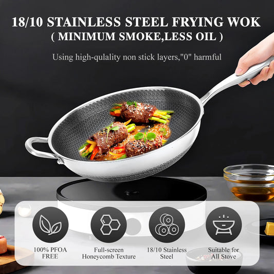 13-Inch Non-Stick Wok Pan with Lid – Stainless Steel Stir-Fry Pan for All Cooktops