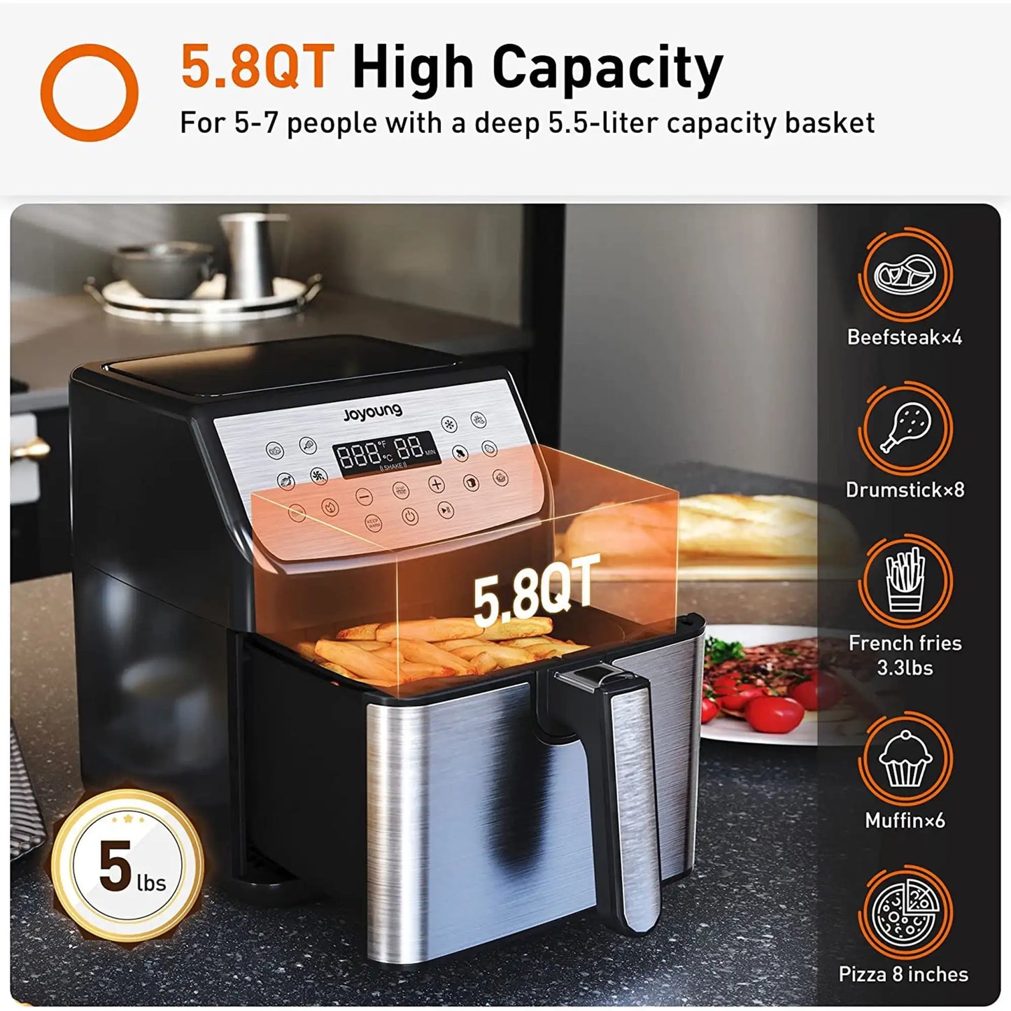 5.8QT Double Basket Air Fryer: 13 One-Touch Presets, LED Touchscreen