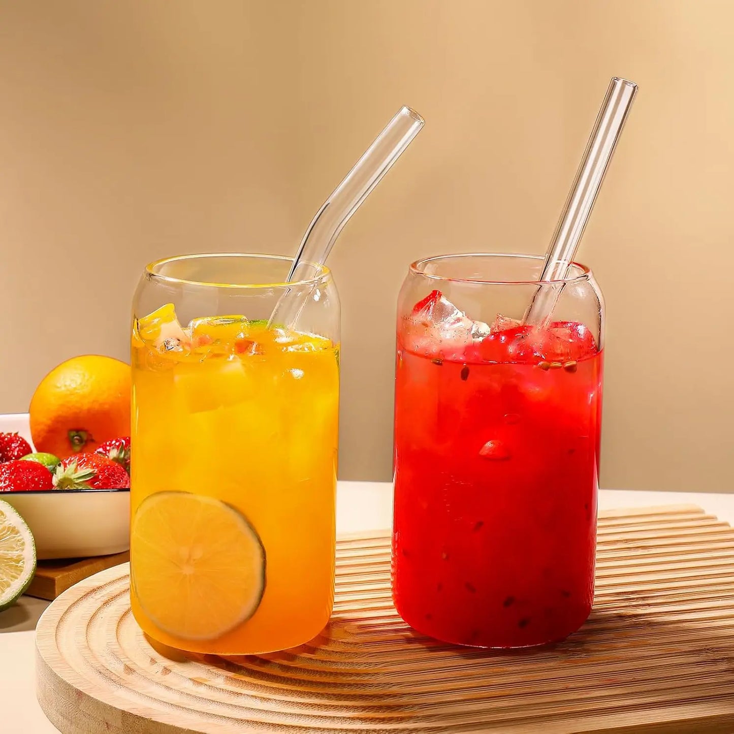 4Pcs Stylish Glass Cup Set with Bamboo Lids & Straws