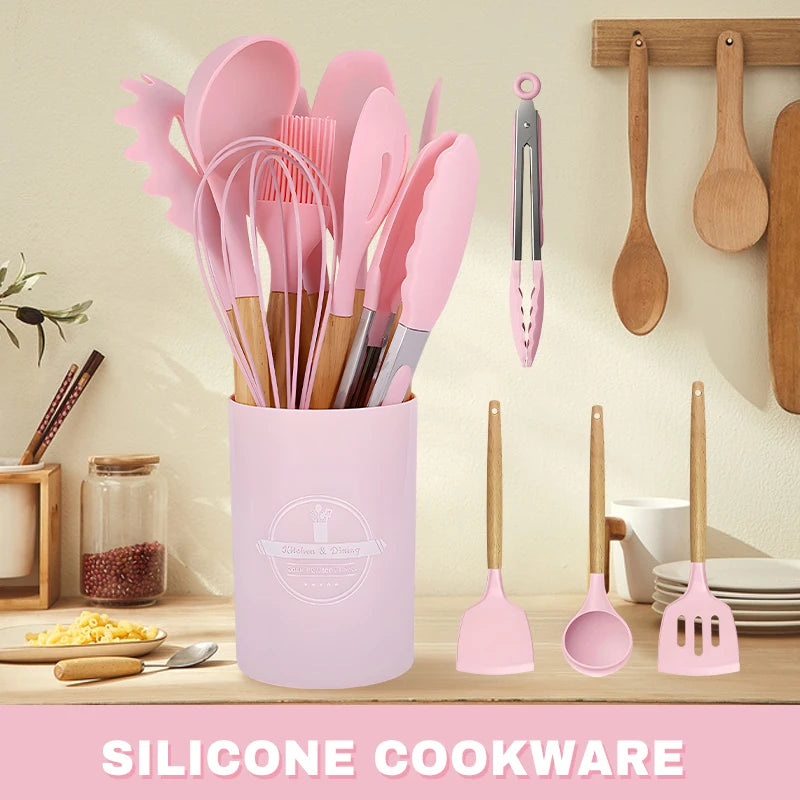 12-Piece Pink Silicone Kitchen Utensil Set with Wooden Handles