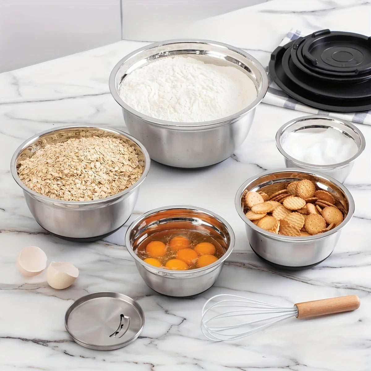 8-Piece Stainless Steel Mixing Bowl Set with Airtight Lids & Graters