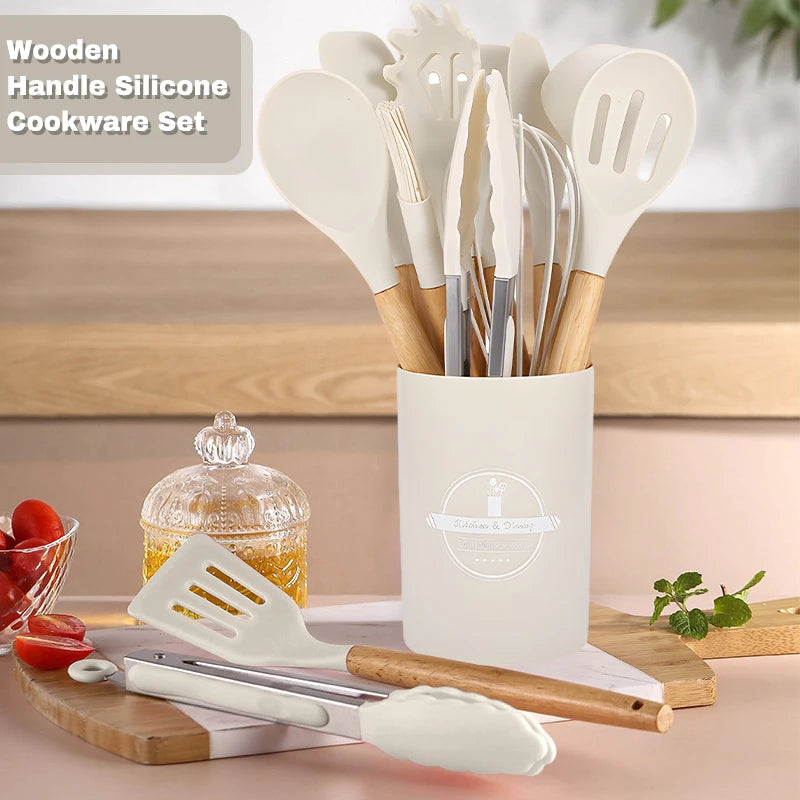 12-Piece Pink Silicone Kitchen Utensil Set with Wooden Handles