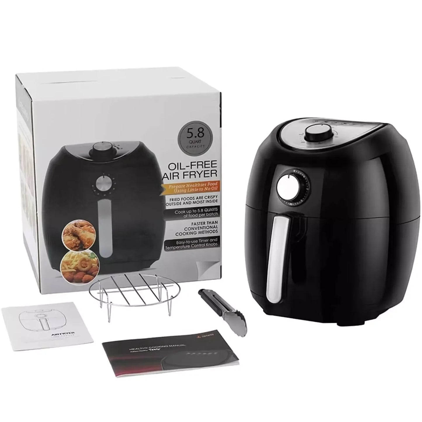 5.8Qt XL Air Fryer: 1700W, Dual Knob, 6 Presets, Recipe Book