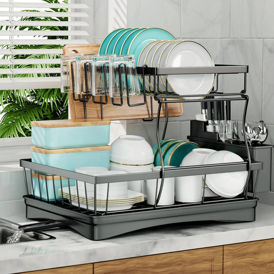 2-Tier Dish Drying Rack: Large Capacity Kitchen Organizer