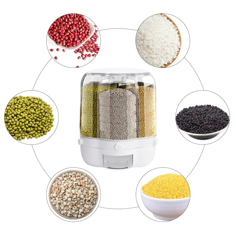 Rotating 6-Compartment Cereal Dispenser: 12.5kg Dry Food Storage