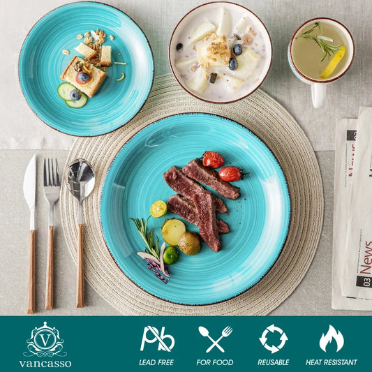 16-Piece Vintage Porcelain Dinnerware Set - Teal Ceramic Plates, Bowls & Mugs