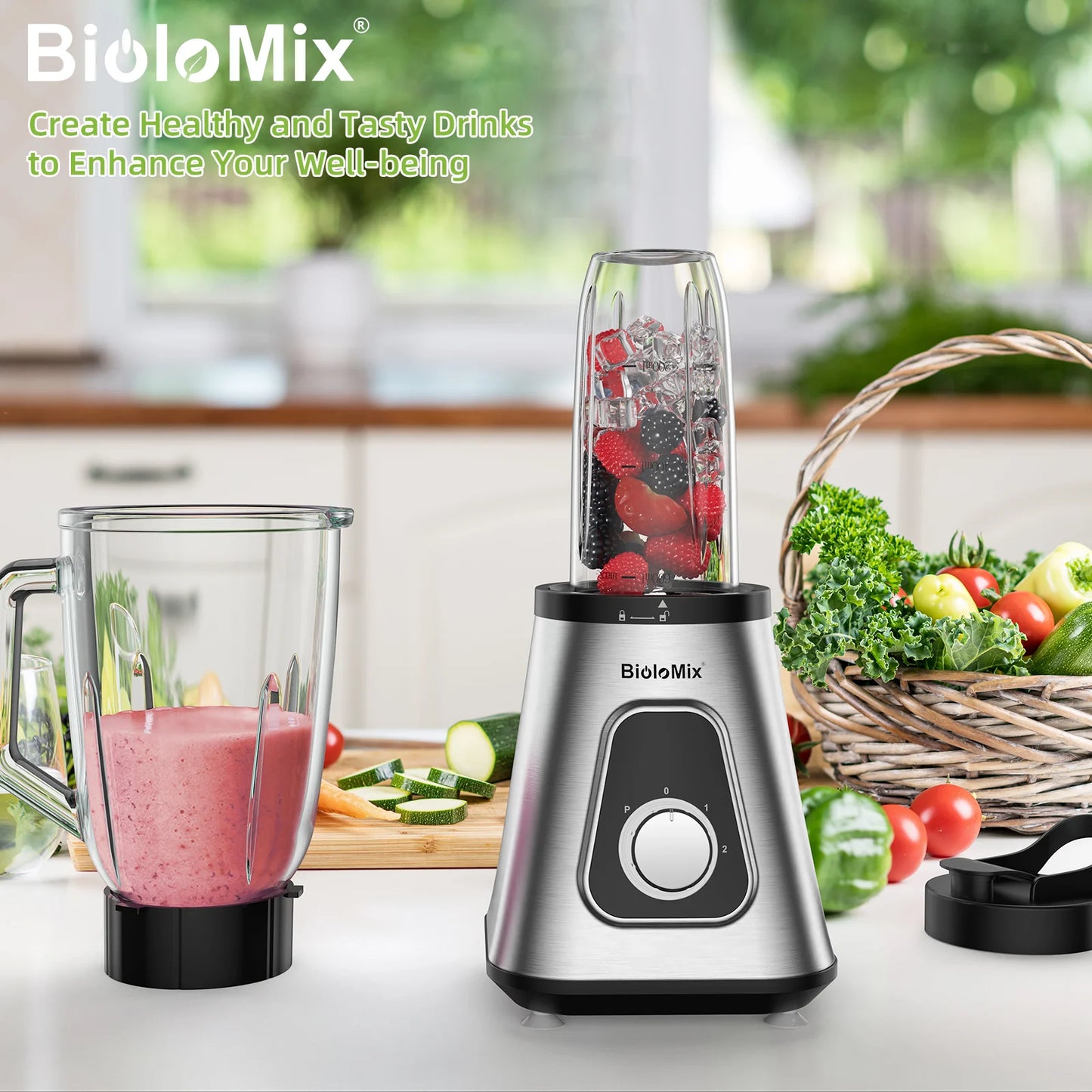 BioloMix Powerhouse 1300W Blender: 2-in-1 Smoothie Maker with Glass Jar
