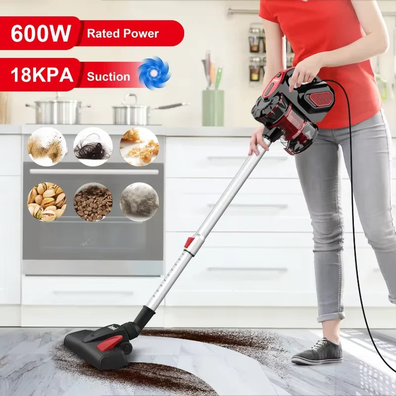 Powerful 600W Corded Vacuum: 18Kpa Suction, 2-in-1 Design