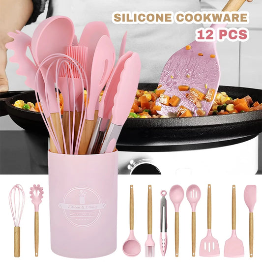 12-Piece Pink Silicone Kitchen Utensil Set with Wooden Handles