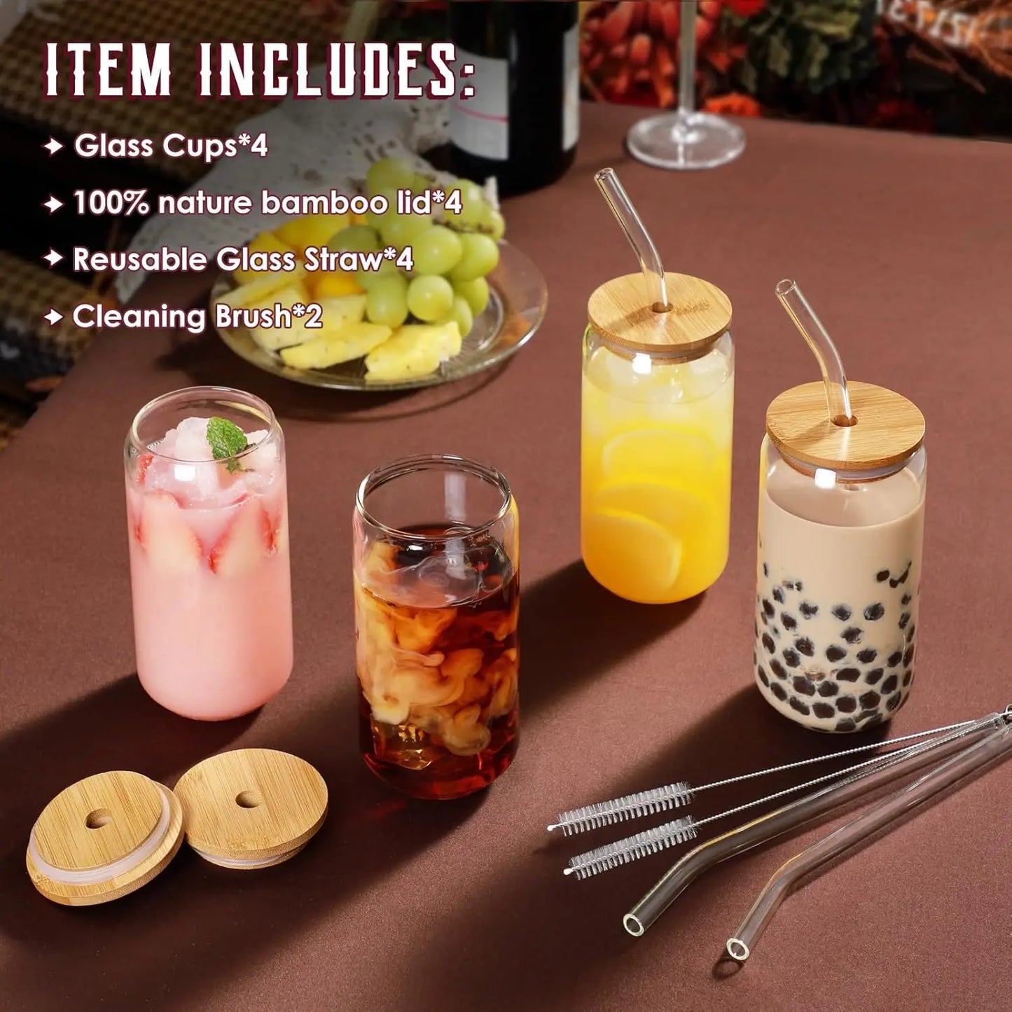 4Pcs Stylish Glass Cup Set with Bamboo Lids & Straws