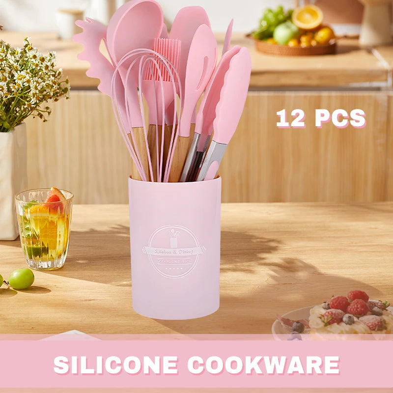 12-Piece Pink Silicone Kitchen Utensil Set with Wooden Handles