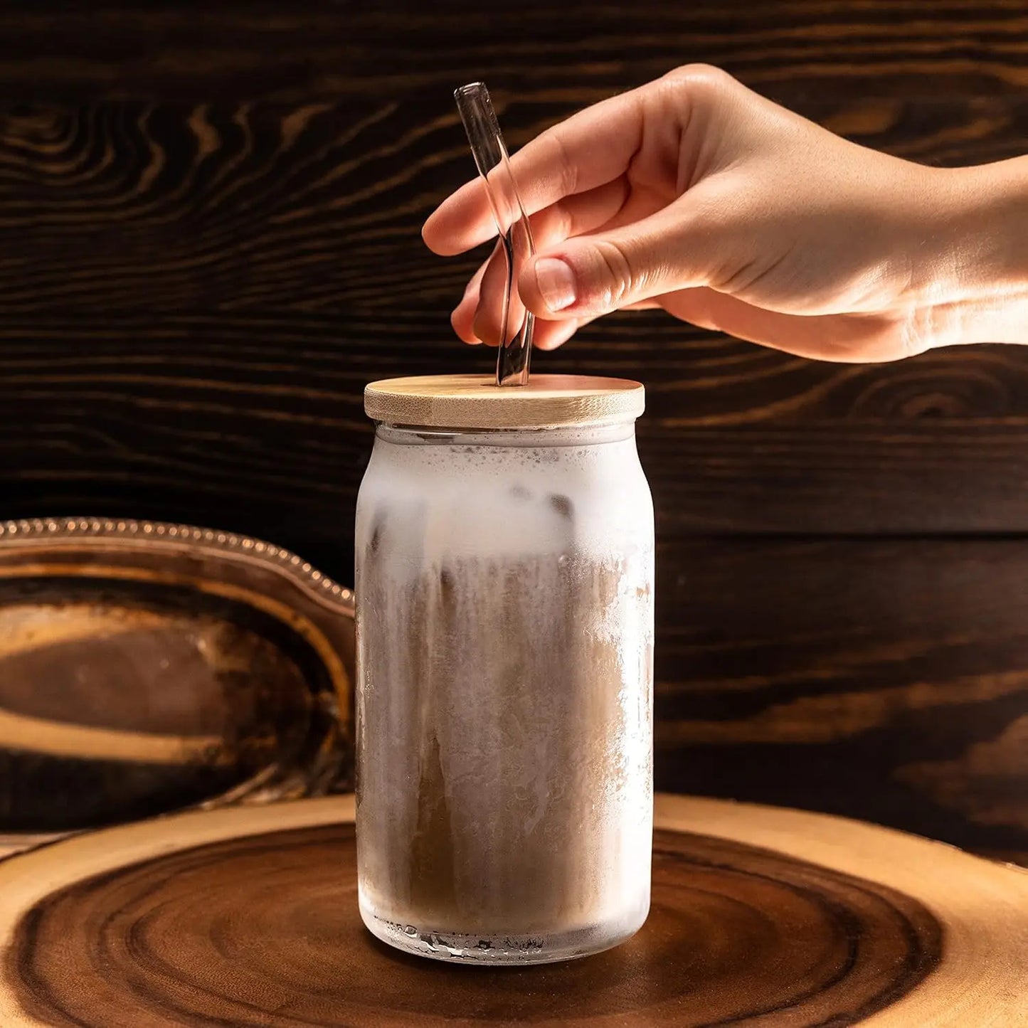 4Pcs Stylish Glass Cup Set with Bamboo Lids & Straws