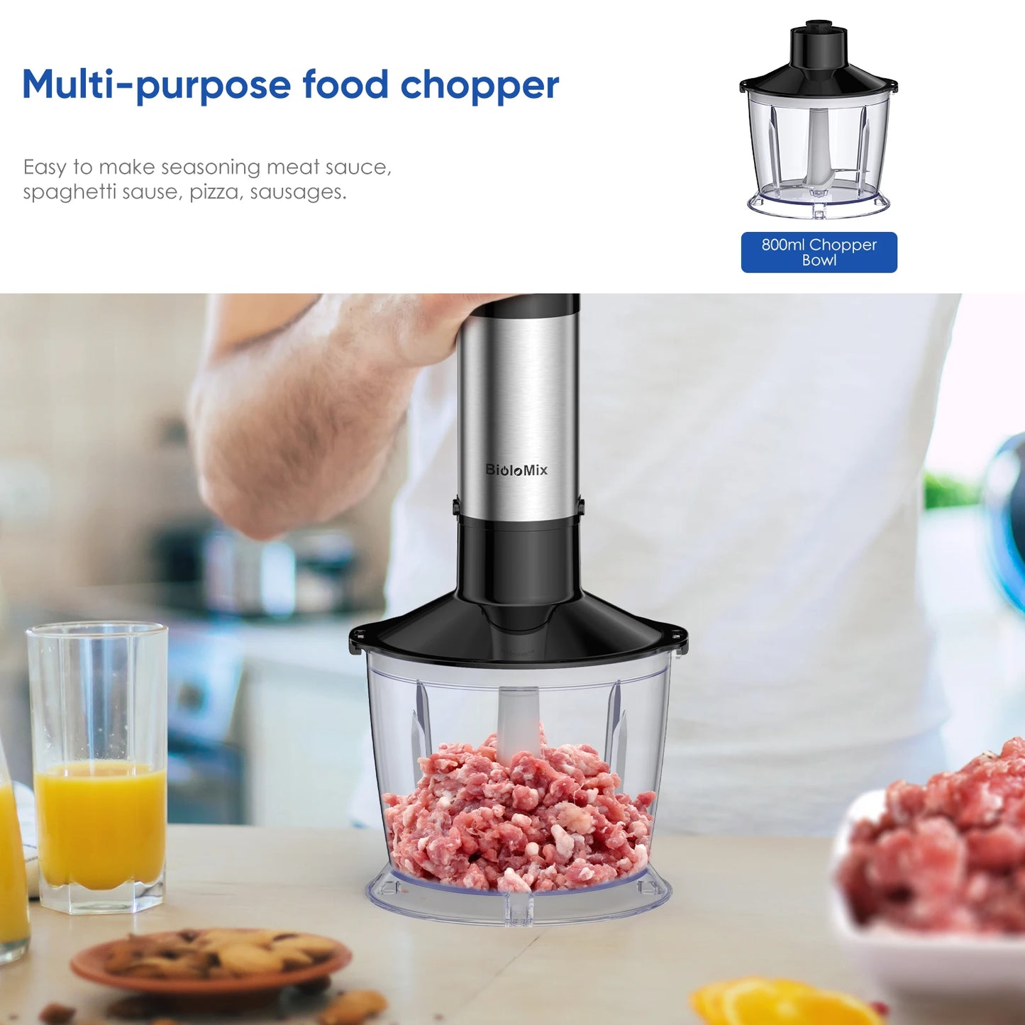 BioloMix 5-in-1 Immersion Blender: Powerful Hand Blender with Chopper, Whisk & Frother