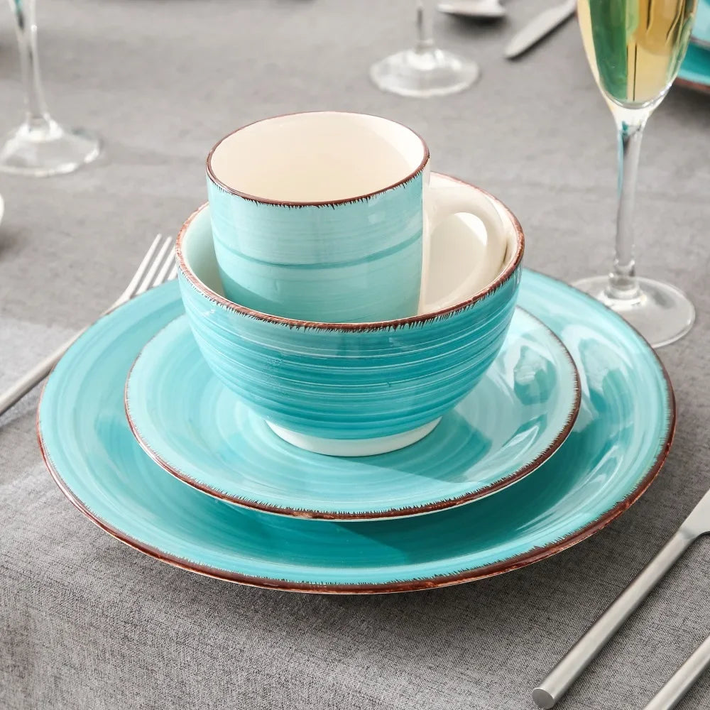 16-Piece Vintage Porcelain Dinnerware Set - Teal Ceramic Plates, Bowls & Mugs