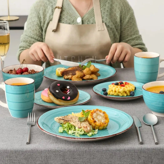 16-Piece Vintage Porcelain Dinnerware Set - Teal Ceramic Plates, Bowls & Mugs