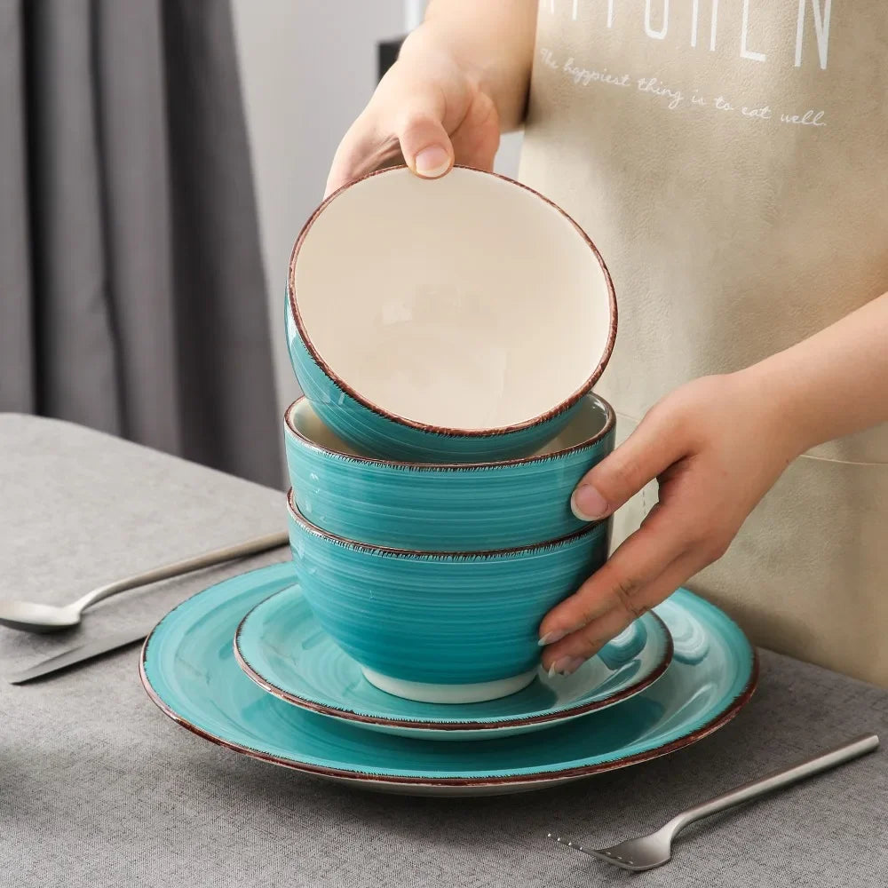16-Piece Vintage Porcelain Dinnerware Set - Teal Ceramic Plates, Bowls & Mugs