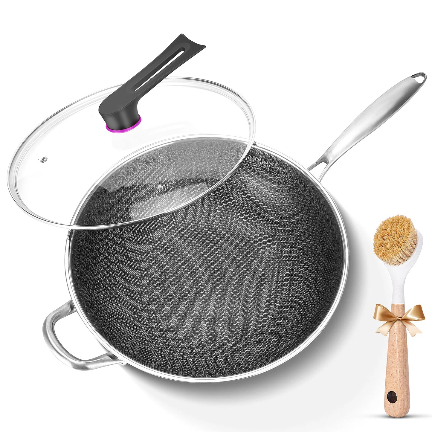 13-Inch Non-Stick Wok Pan with Lid – Stainless Steel Stir-Fry Pan for All Cooktops