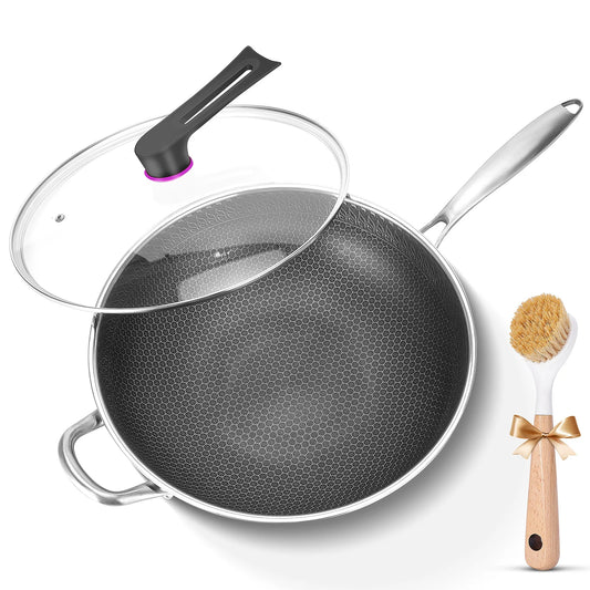 13-Inch Non-Stick Wok Pan with Lid – Stainless Steel Stir-Fry Pan for All Cooktops