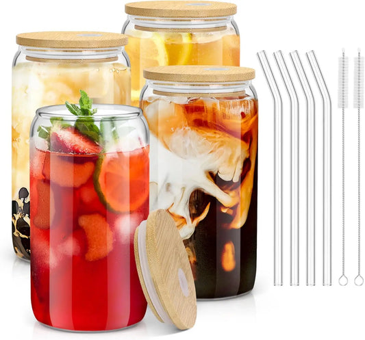 4Pcs Stylish Glass Cup Set with Bamboo Lids & Straws