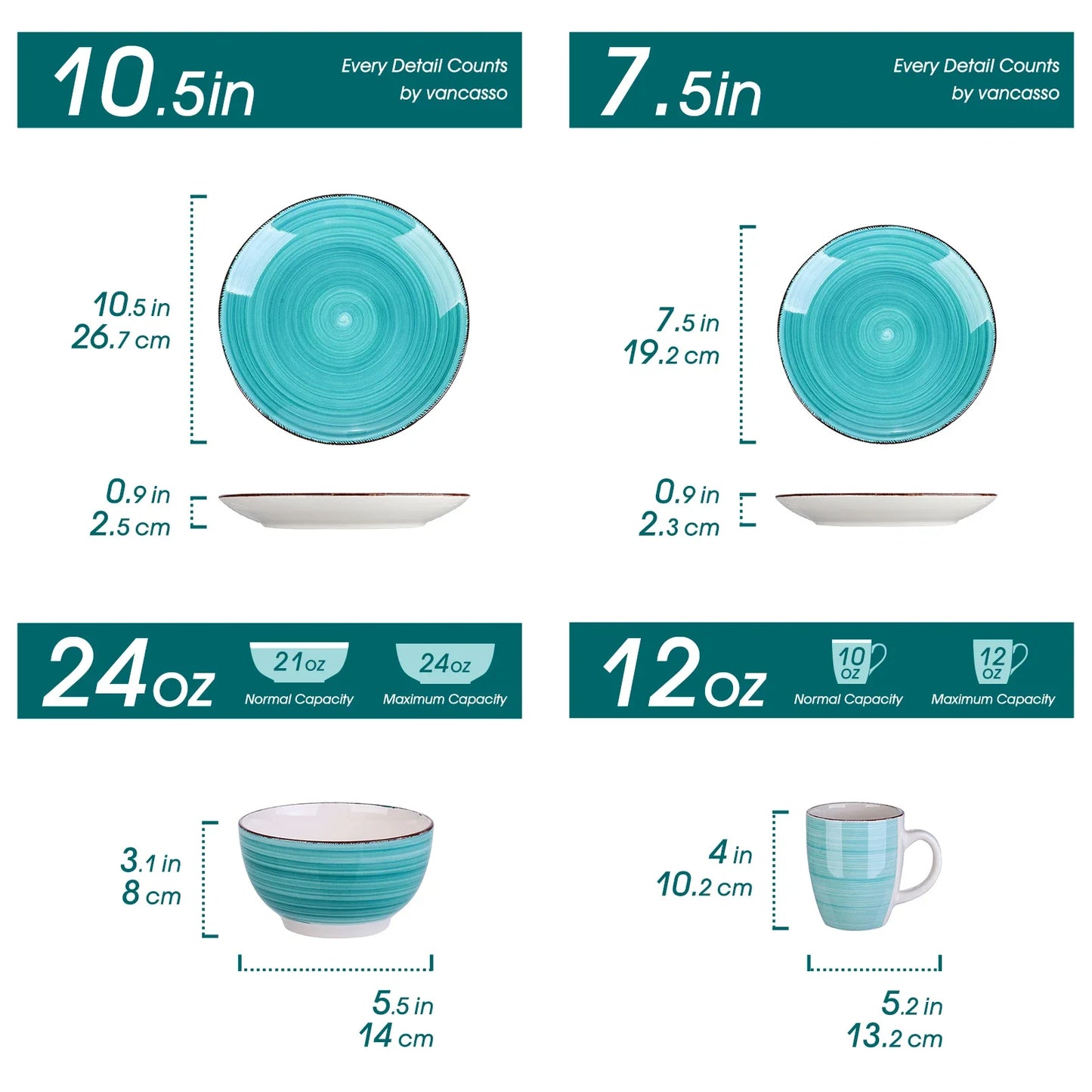 16-Piece Vintage Porcelain Dinnerware Set - Teal Ceramic Plates, Bowls & Mugs