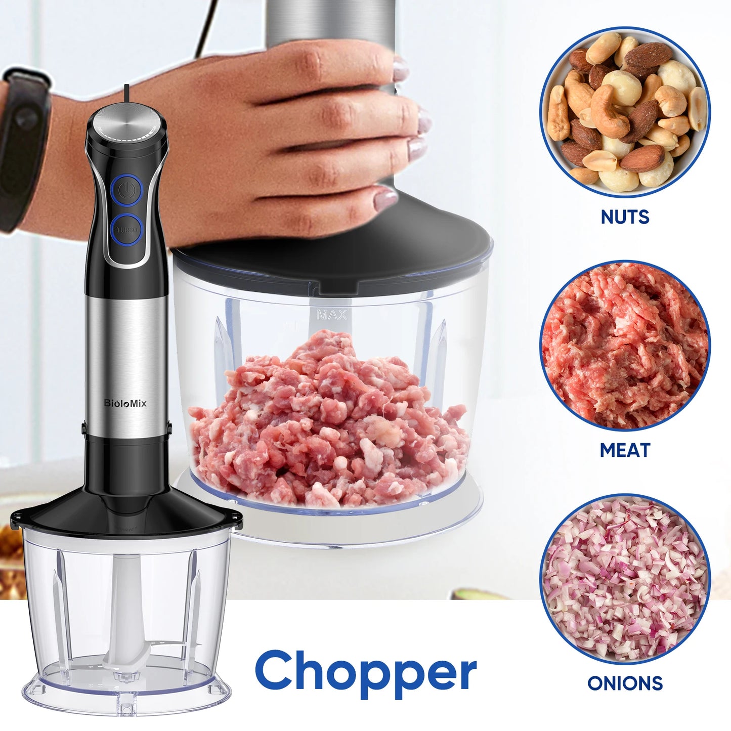 BioloMix 5-in-1 Immersion Blender: Powerful Hand Blender with Chopper, Whisk & Frother