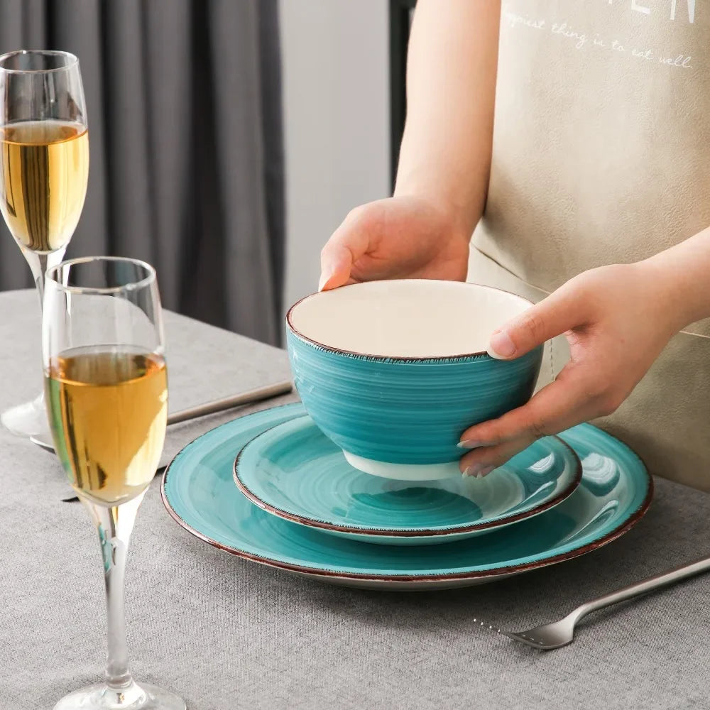 16-Piece Vintage Porcelain Dinnerware Set - Teal Ceramic Plates, Bowls & Mugs