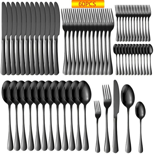 60-Piece Black Flatware Set: Elegant Stainless Steel Cutlery for 12