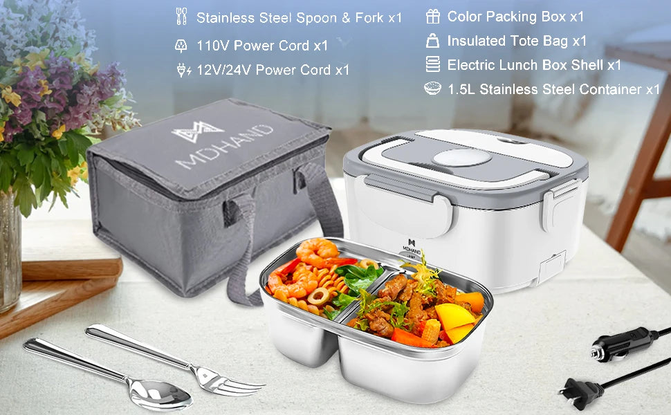 Portable Electric Lunch Box Warmer - 65W Fast Heating, 1.5L Stainless Steel
