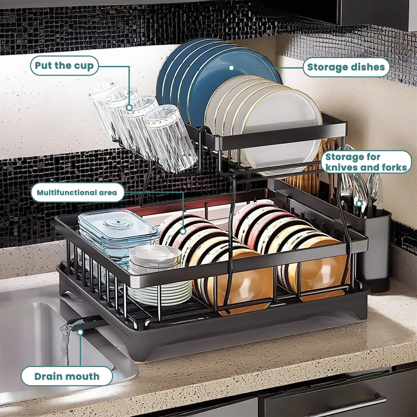2-Tier Dish Drying Rack: Large Capacity Kitchen Organizer