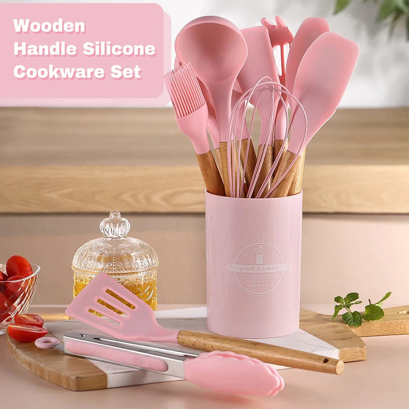 12-Piece Pink Silicone Kitchen Utensil Set with Wooden Handles